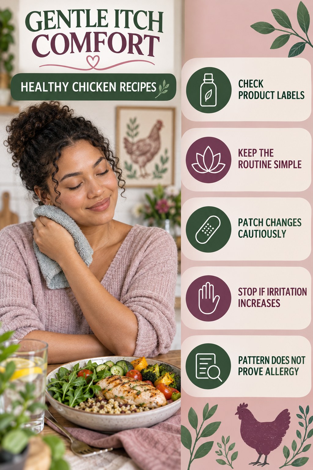 Fragrance-Free Awareness infographic for Healthy Chicken Recipes with five gentle itchy-skin comfort strategies and a non-diagnostic safety focus.