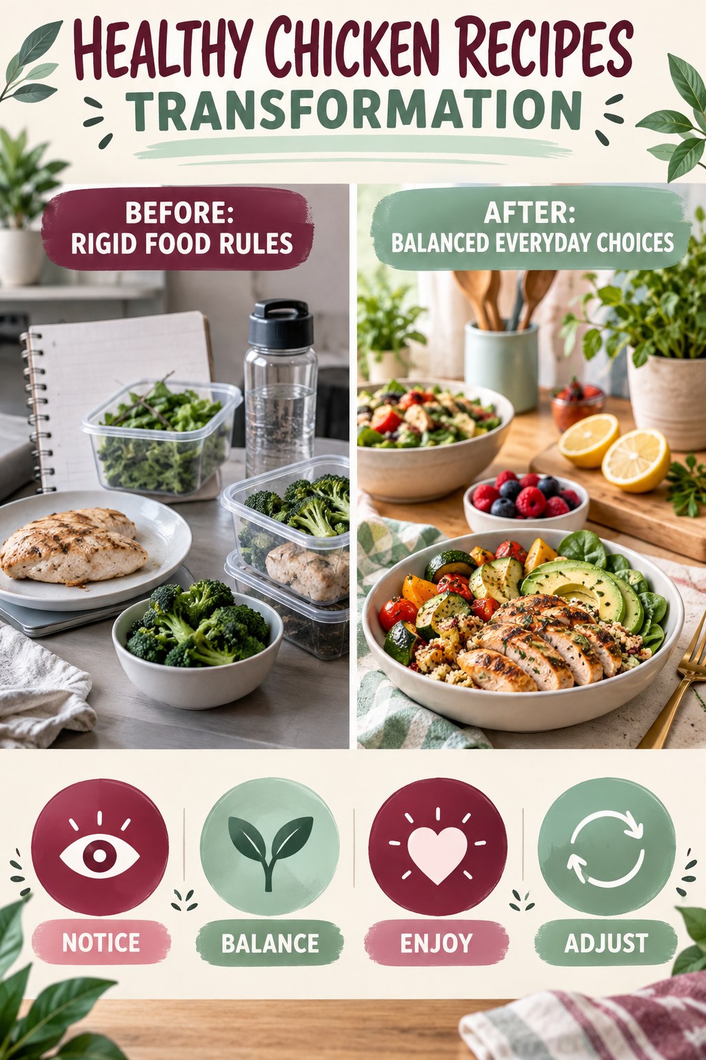 Healthy Chicken Recipes habit transformation graphic comparing rigid food rules with balanced everyday choices using four practical steps.