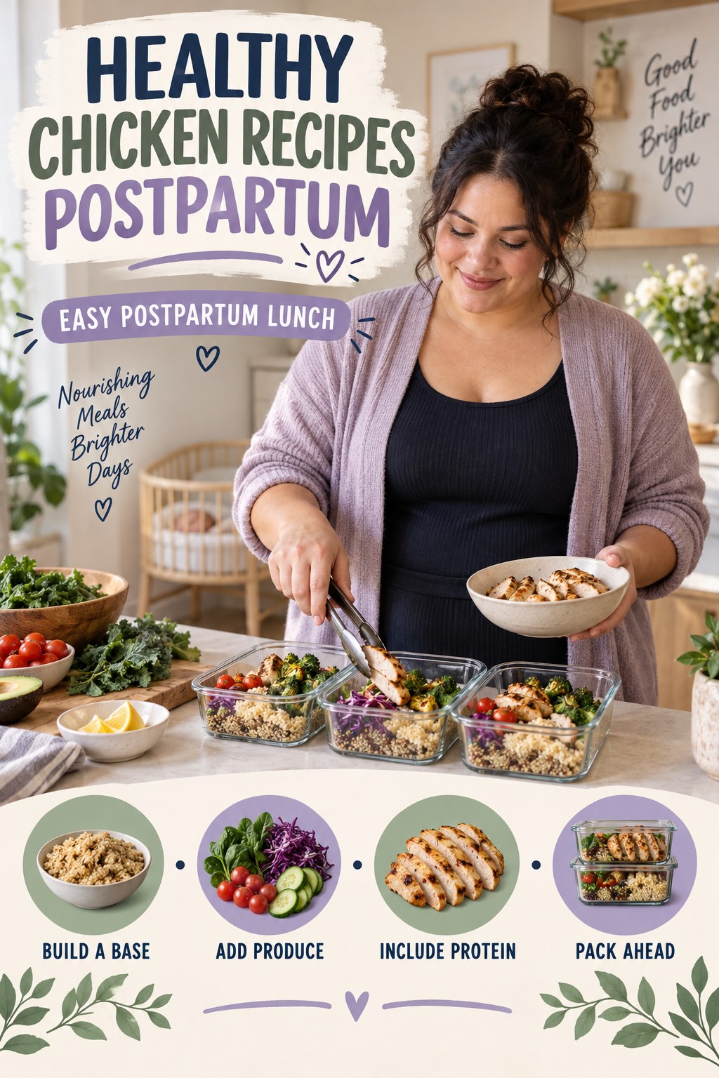Healthy Chicken Recipes postpartum graphic titled Easy Postpartum Lunch with four gradual recovery-aware prompts.