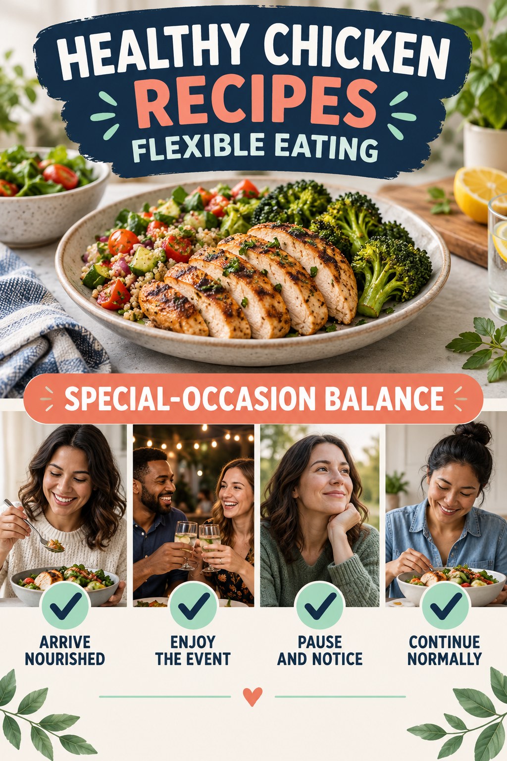 Healthy Chicken Recipes flexible eating graphic titled Special-Occasion Balance with four practical balance prompts.