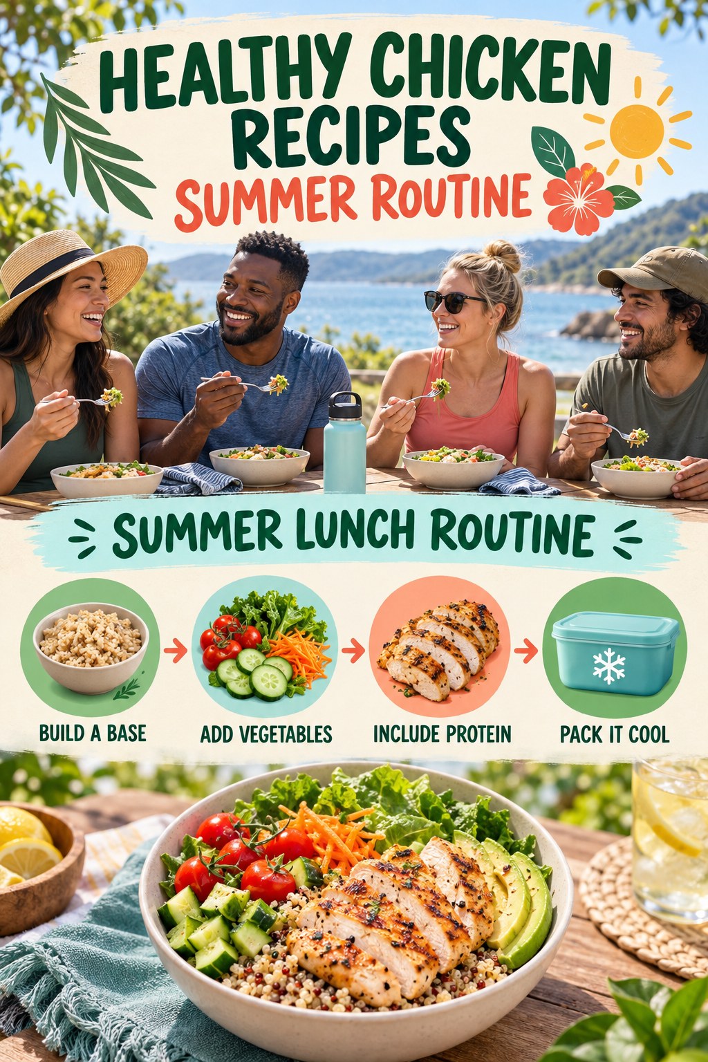 Healthy Chicken Recipes summer routine graphic titled Summer Lunch Routine with four practical wellness prompts.
