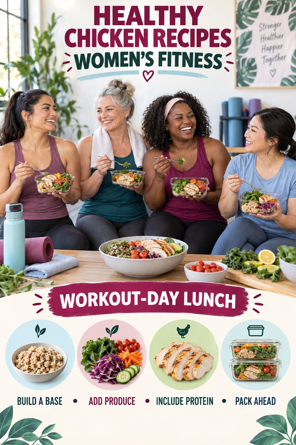 Healthy Chicken Recipes women’s fitness graphic titled Workout-Day Lunch with four practical training prompts.