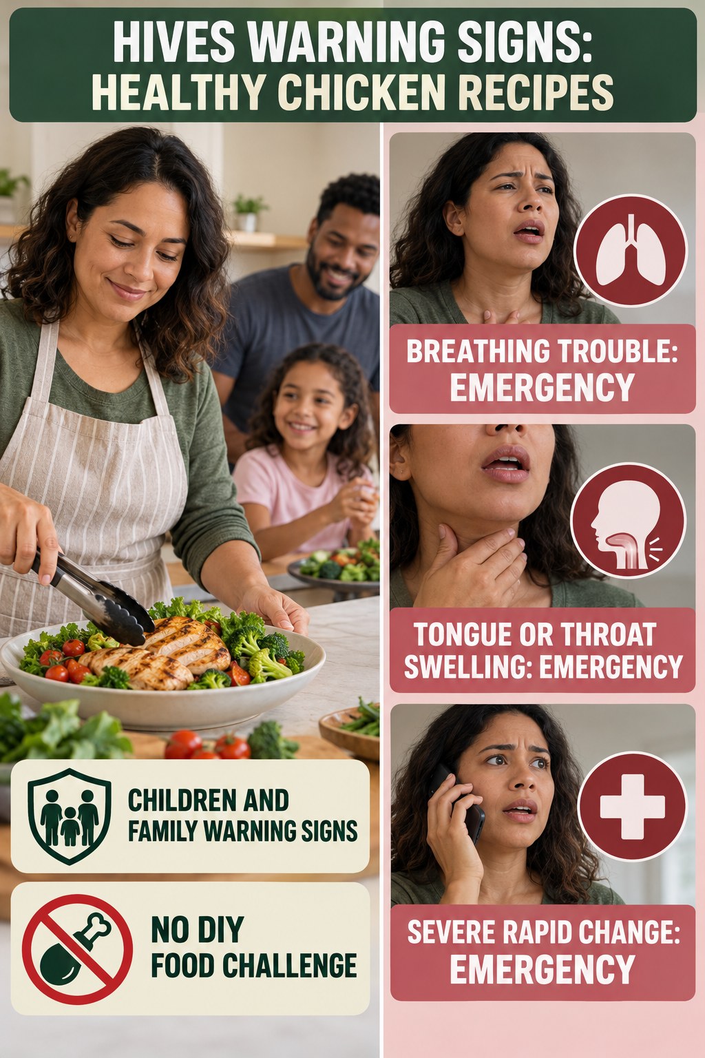 Children and Family Warning Signs infographic for Healthy Chicken Recipes, highlighting urgent breathing, throat, swelling, fainting, and rapid-progression warning signs without diagnosing hives.