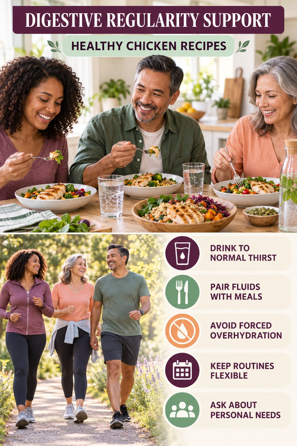 Hydration and Routine Support infographic for Healthy Chicken Recipes with five practical food, hydration, movement, or routine actions and no cleanse claims.