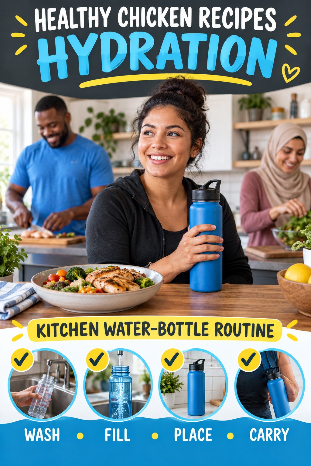 Healthy Chicken Recipes hydration graphic titled Kitchen Water-Bottle Routine with four flexible water-habit prompts and no fixed intake target.
