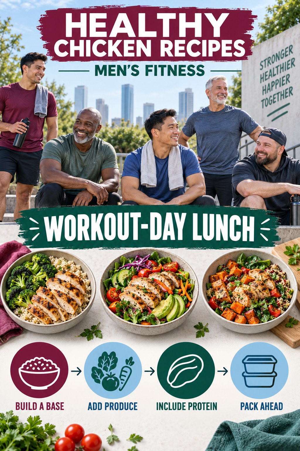 Healthy Chicken Recipes men’s fitness graphic titled Workout-Day Lunch with four practical training prompts.