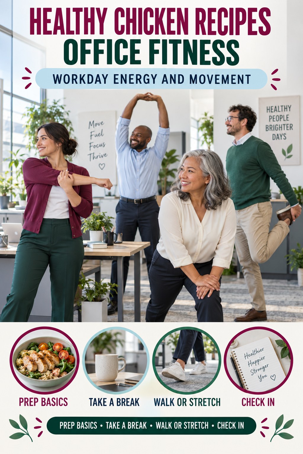 Healthy Chicken Recipes office-fitness graphic titled Workday Energy and Movement with four practical workday movement prompts.