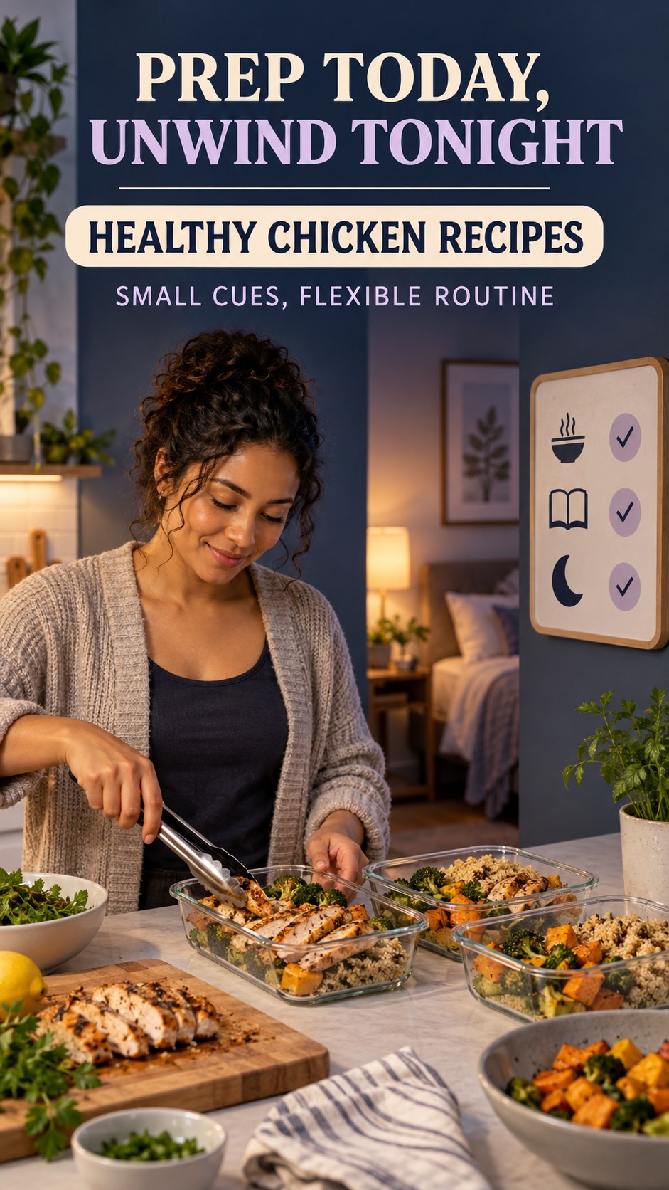 Meal Prep and Sleep Routine infographic for Healthy Chicken Recipes, showing a flexible and calming evening wellness routine.