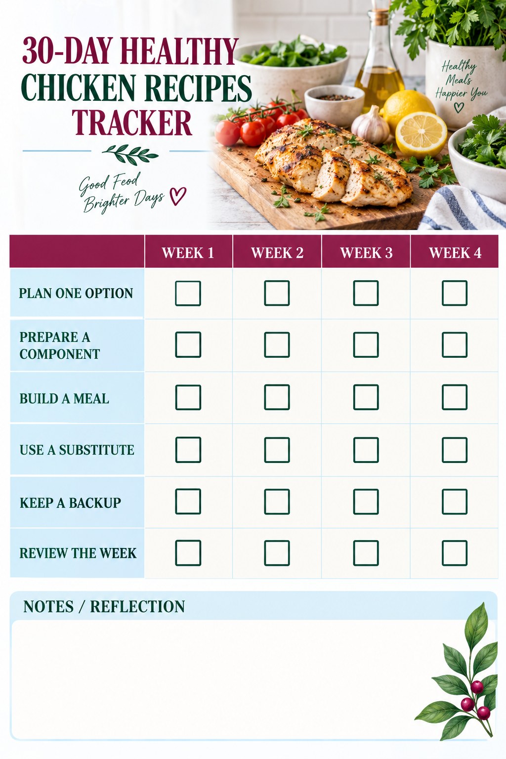 30-Day Healthy Chicken Recipes printable-style tracker graphic with six labeled rows, empty checkboxes, and a reflection area.