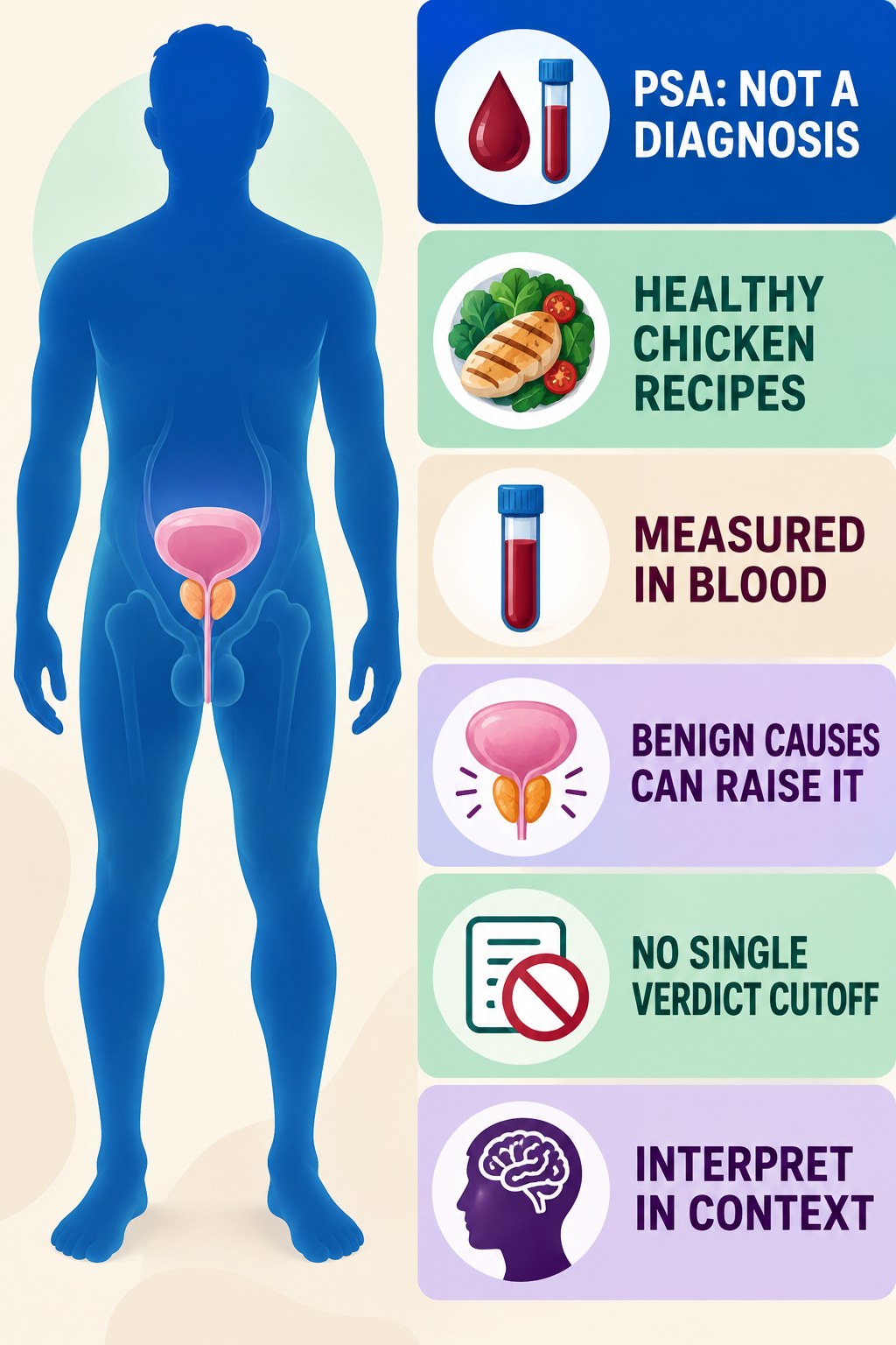 PSA Is a Test, Not a Cancer Verdict infographic for Healthy Chicken Recipes with four concise prostate-health awareness points.