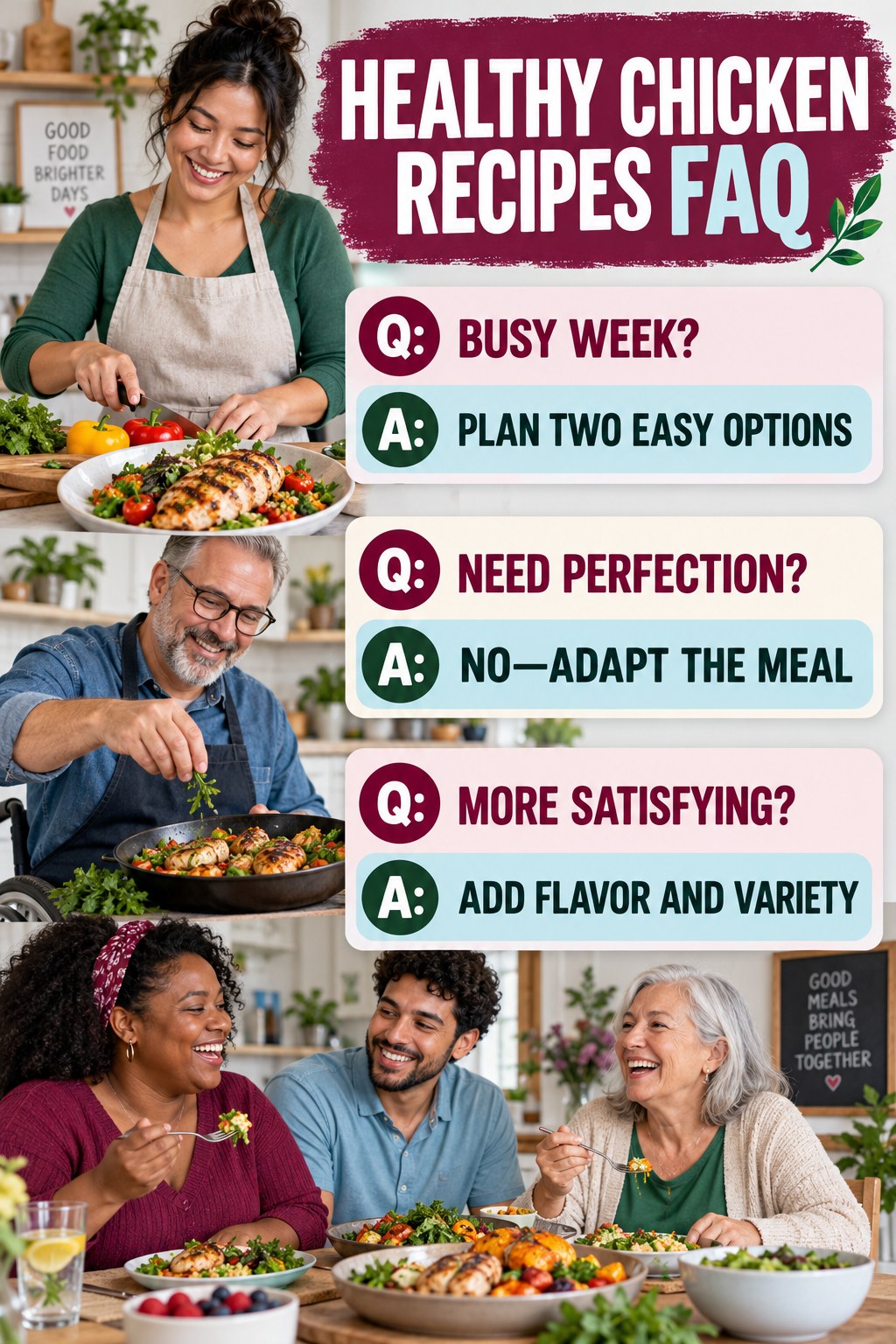 Healthy Chicken Recipes FAQ graphic with three concise questions and practical answers for beginners.