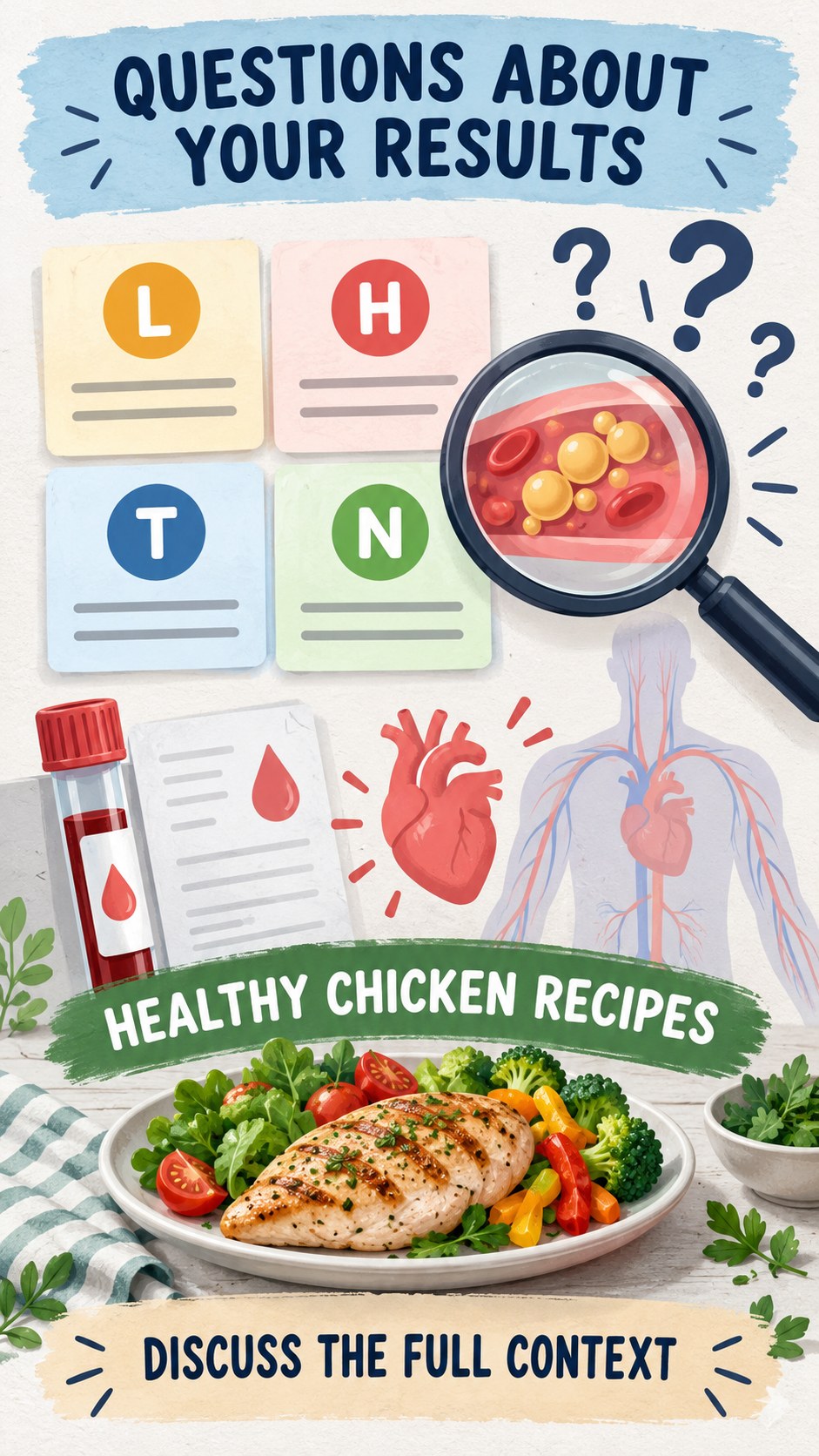Questions for Your Clinician infographic for Healthy Chicken Recipes, using a non-numerical educational lipid-panel layout with question and context icons.