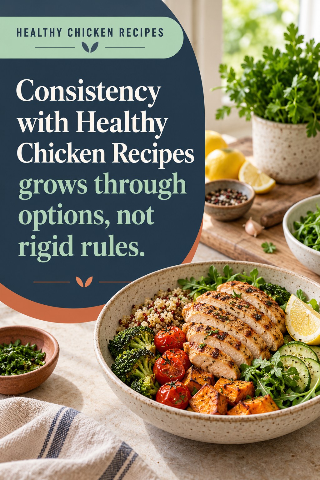 Original Healthy Chicken Recipes quote graphic reading “Consistency with Healthy Chicken Recipes grows through options, not rigid rules.” in a board-relevant editorial design.