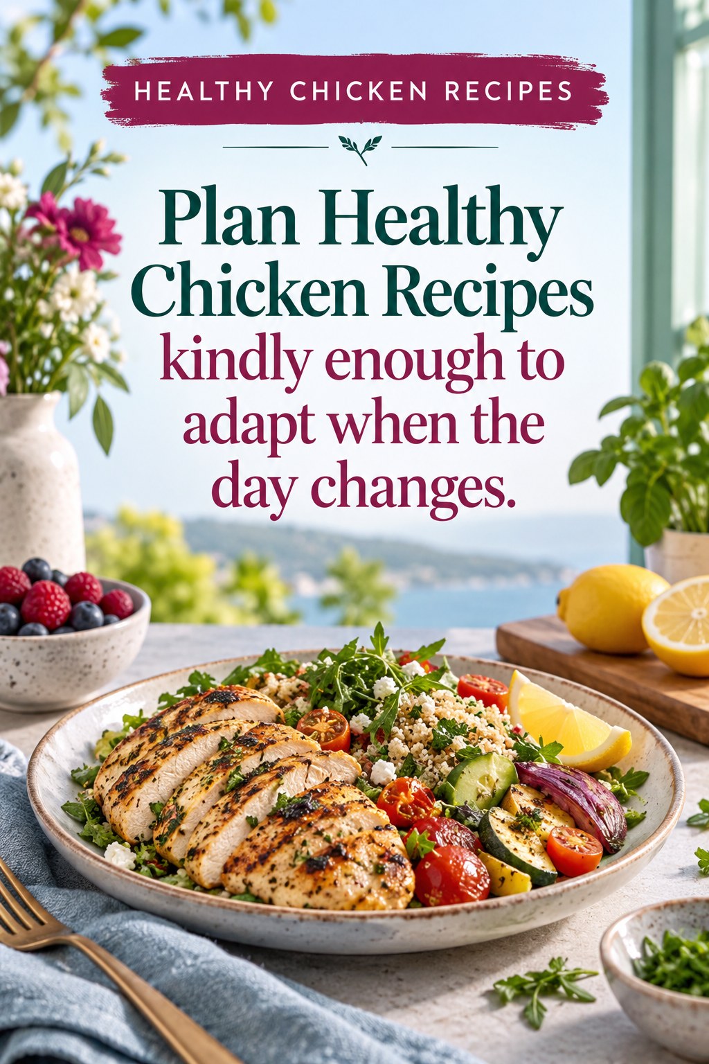 Original Healthy Chicken Recipes quote graphic reading “Plan Healthy Chicken Recipes kindly enough to adapt when the day changes.” in a board-relevant editorial design.