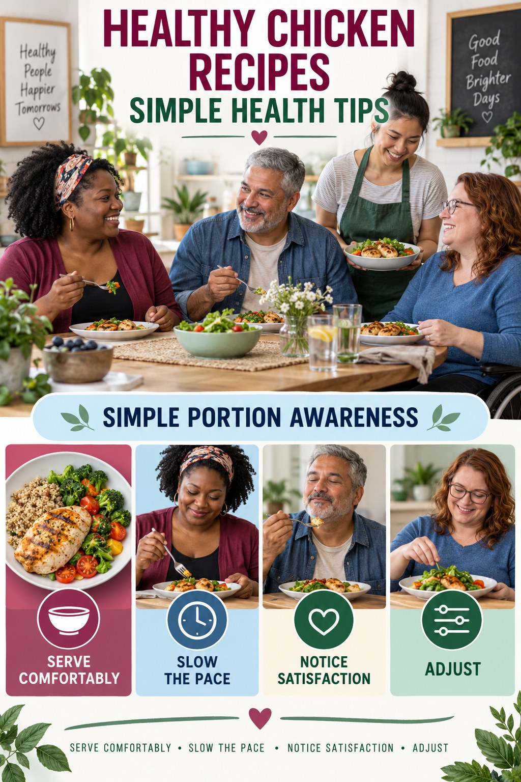 Healthy Chicken Recipes simple-health graphic titled Simple Portion Awareness with four practical wellness prompts.
