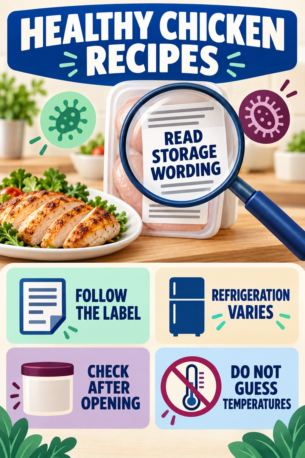 Storage Instructions Are Product Specific infographic for Healthy Chicken Recipes with four concise probiotic-label reading points.