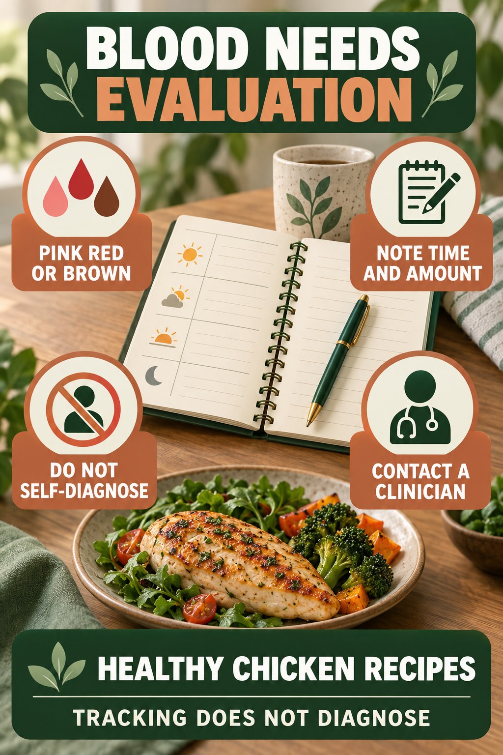 Treat Blood in Urine as a Medical Signal urinary symptom tracking infographic for Healthy Chicken Recipes with four practical diary points and a non-diagnostic reminder.