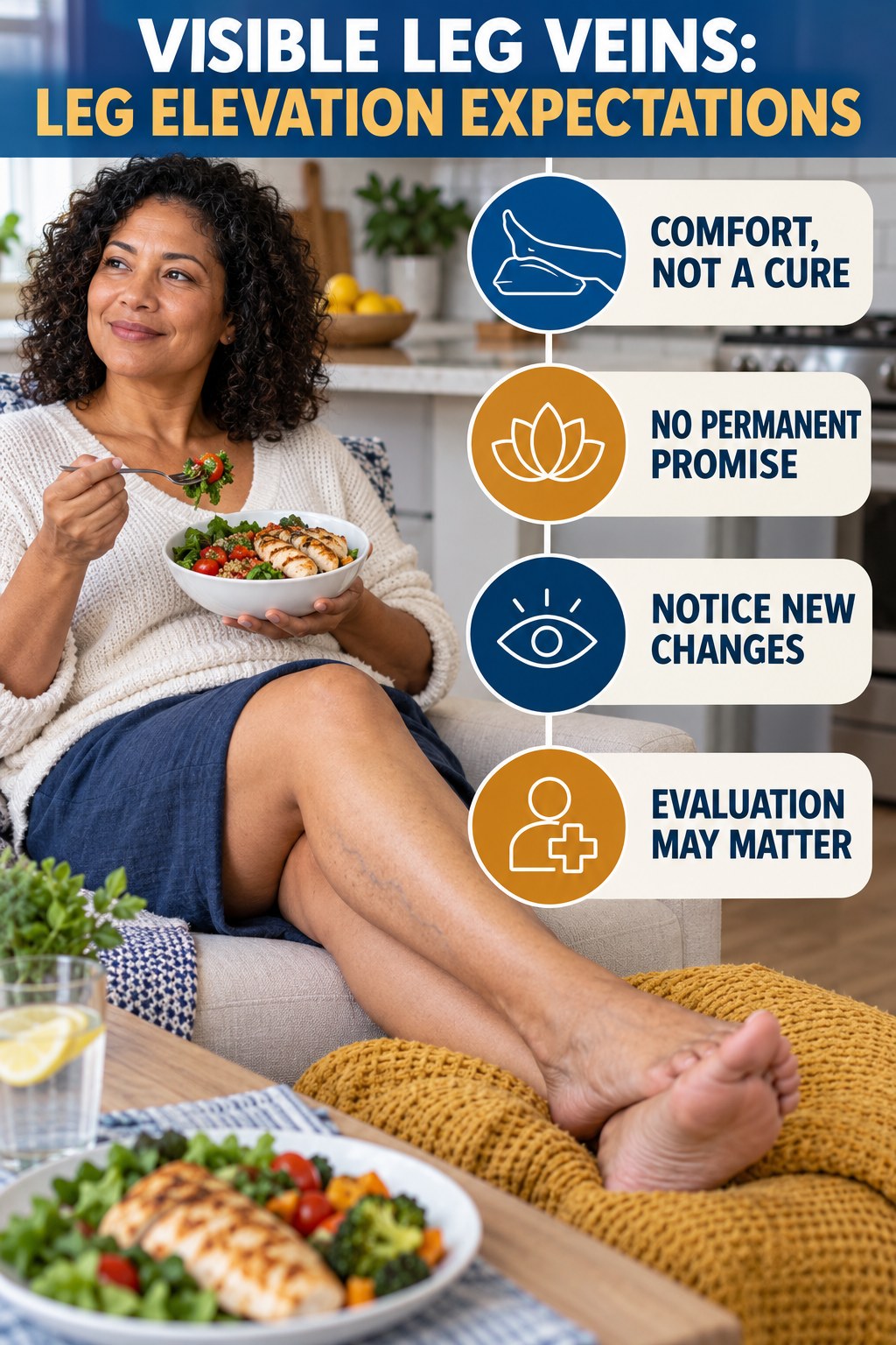 Leg Elevation Expectations infographic for Healthy Chicken Recipes, showing body-neutral visible-leg-vein appearance care and the boundary between temporary cosmetic support and treatment.