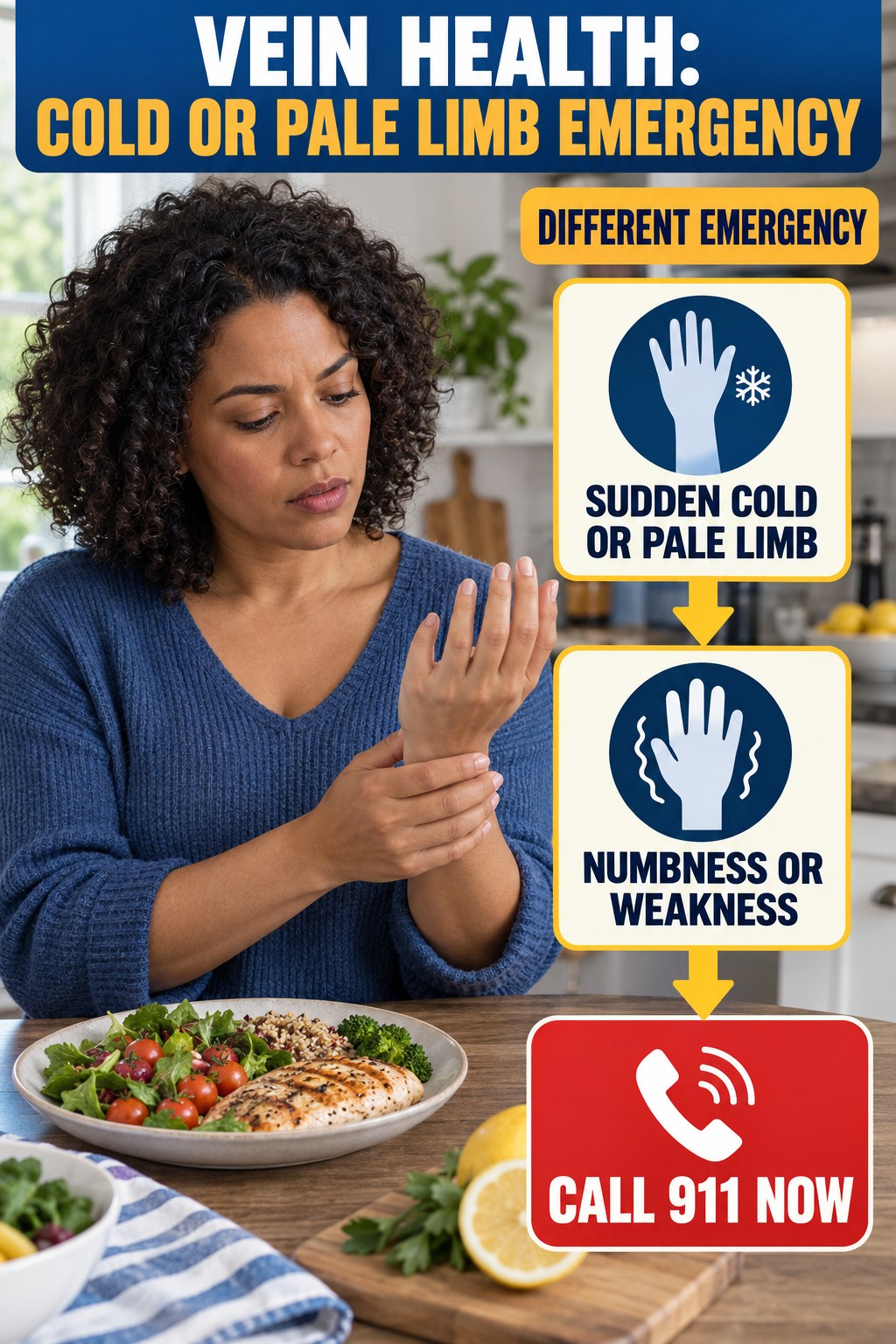 Cold or Pale Limb Emergency infographic for Healthy Chicken Recipes, explaining vein-health warning signs and the appropriate next action without diagnosing a condition.