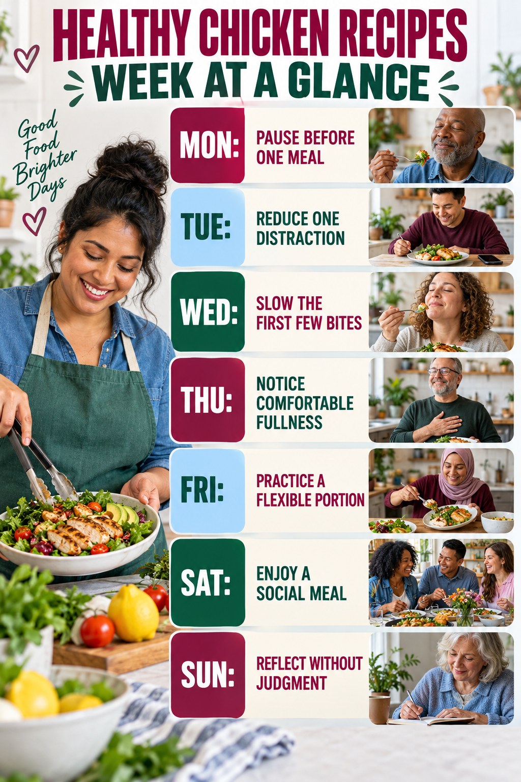 Weekly Healthy Chicken Recipes plan graphic with concise Monday-to-Sunday actions and flexible recovery guidance.