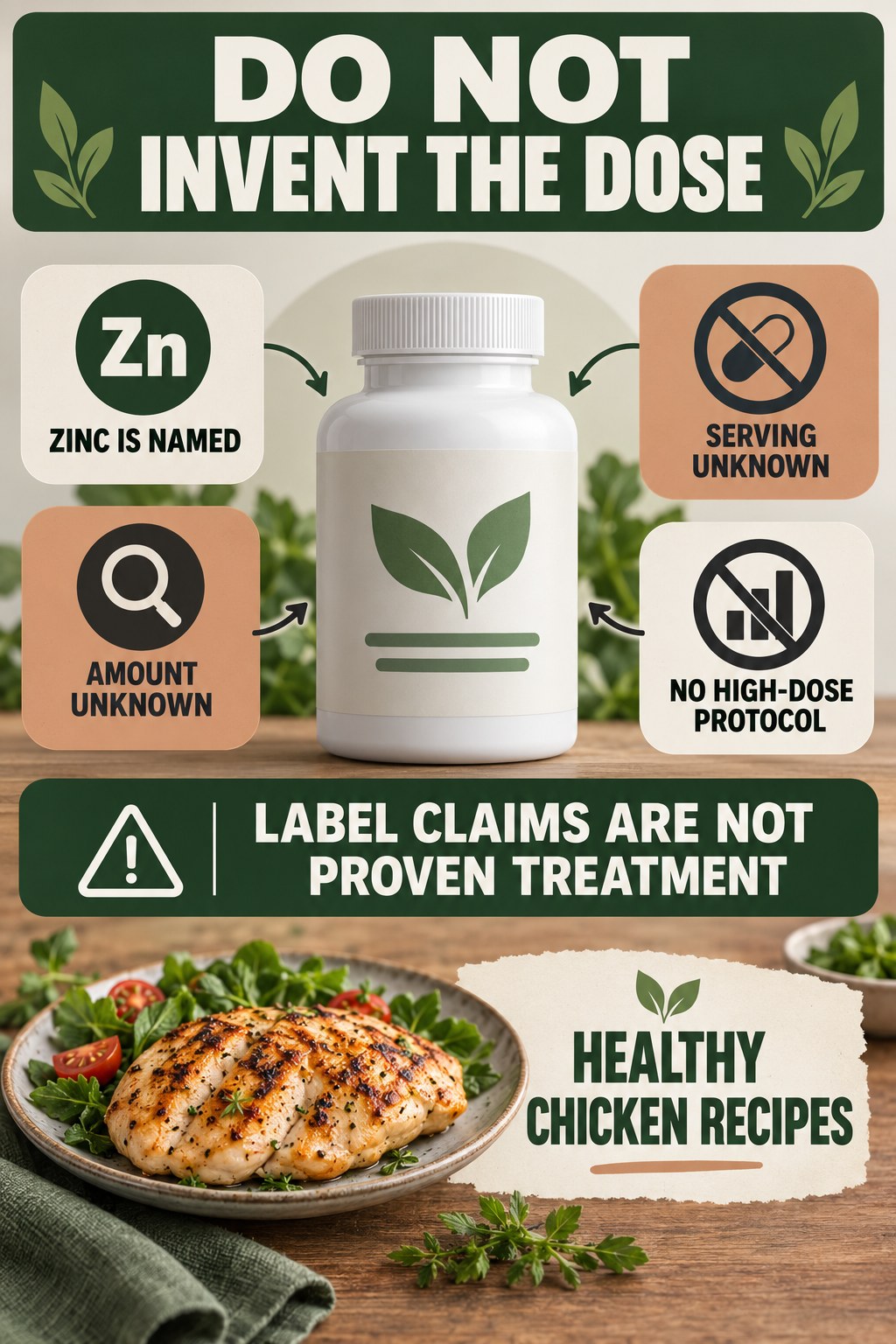 Zinc Presence Does Not Establish a Prostate Dose prostate supplement label-literacy infographic for Healthy Chicken Recipes with four careful reading points.