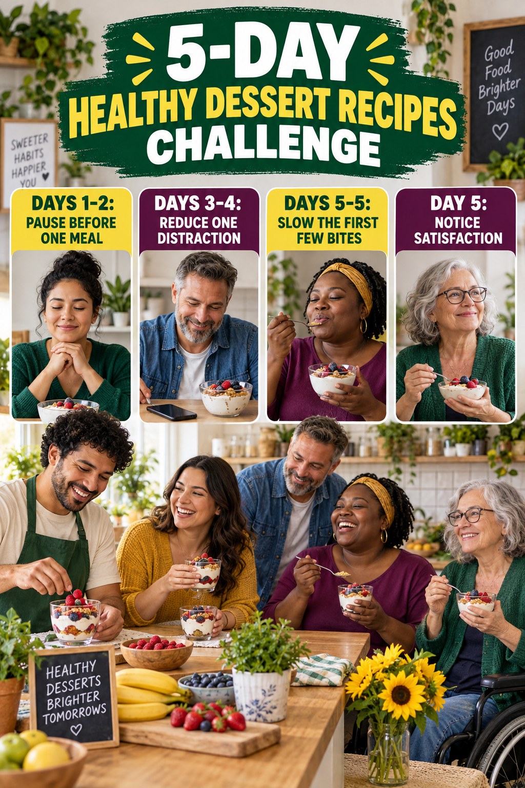 5-day Healthy Dessert Recipes challenge graphic showing four manageable milestones for consistent practice.