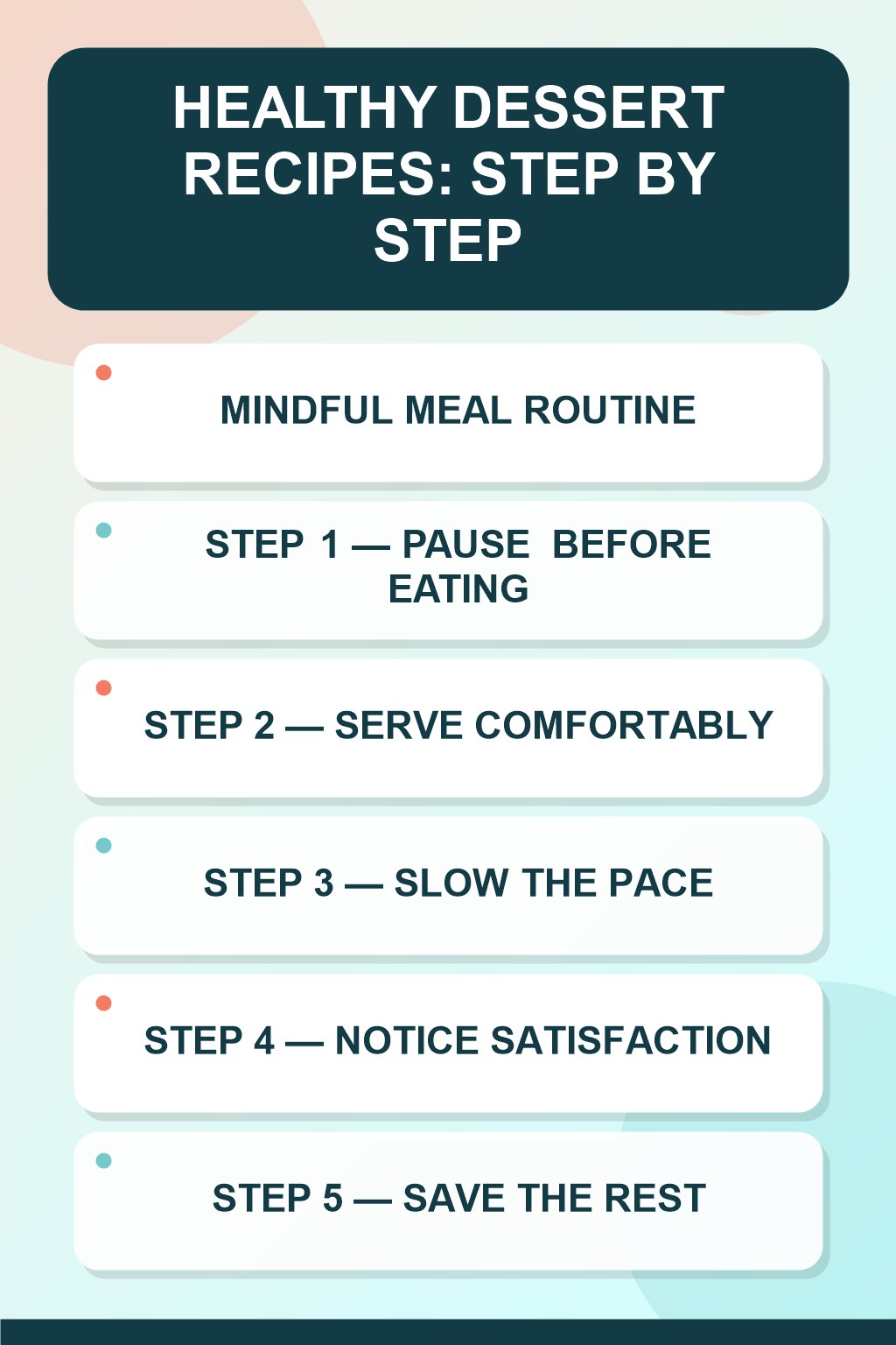 Healthy Dessert Recipes step-by-step graphic showing five numbered stages for mindful meal routine.