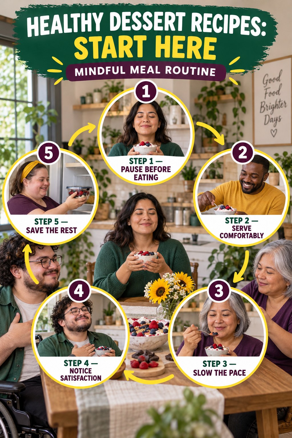 Healthy Dessert Recipes beginner guide graphic showing five manageable stages for mindful meal routine.