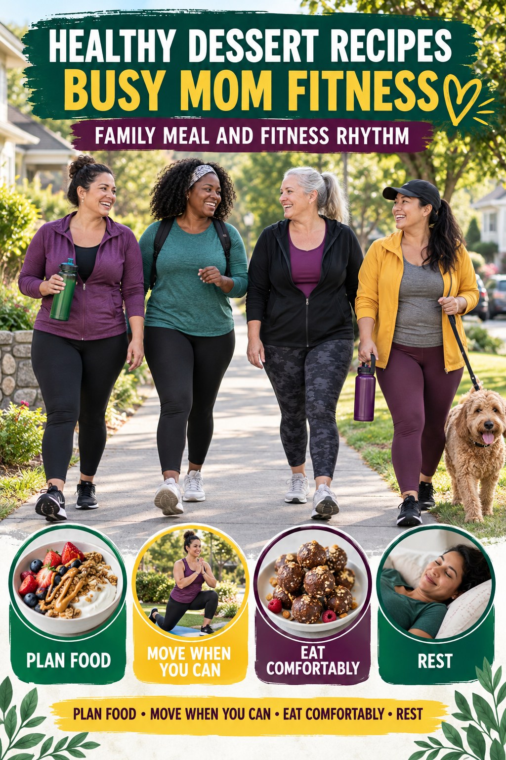 Healthy Dessert Recipes busy-mom fitness graphic titled Family Meal and Fitness Rhythm with four practical movement prompts.