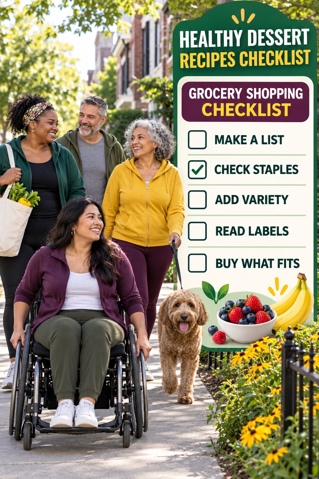 Healthy Dessert Recipes checklist graphic titled Grocery Shopping Checklist with five clear practical wellness items.
