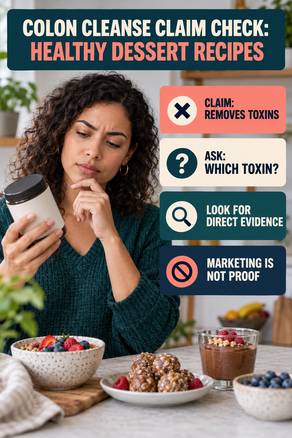 Undefined Toxin Claims infographic for Healthy Dessert Recipes, separating a colon-cleanse marketing claim from evidence, reasonable conclusions, and safety context.