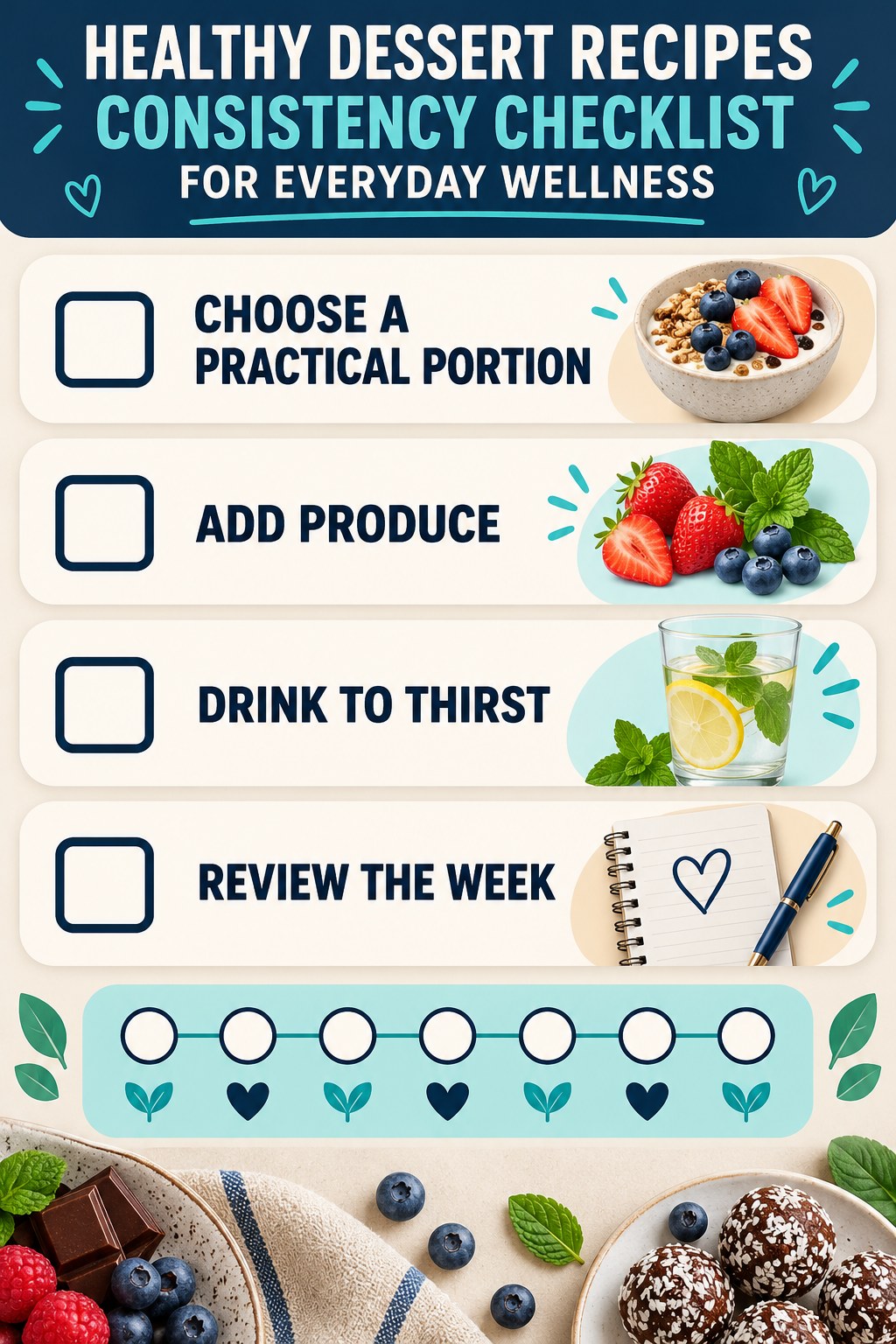 Healthy Dessert Recipes Consistency Checklist for Everyday Wellness infographic with checkboxes for choose a practical portion, add produce, drink to thirst, review the week.