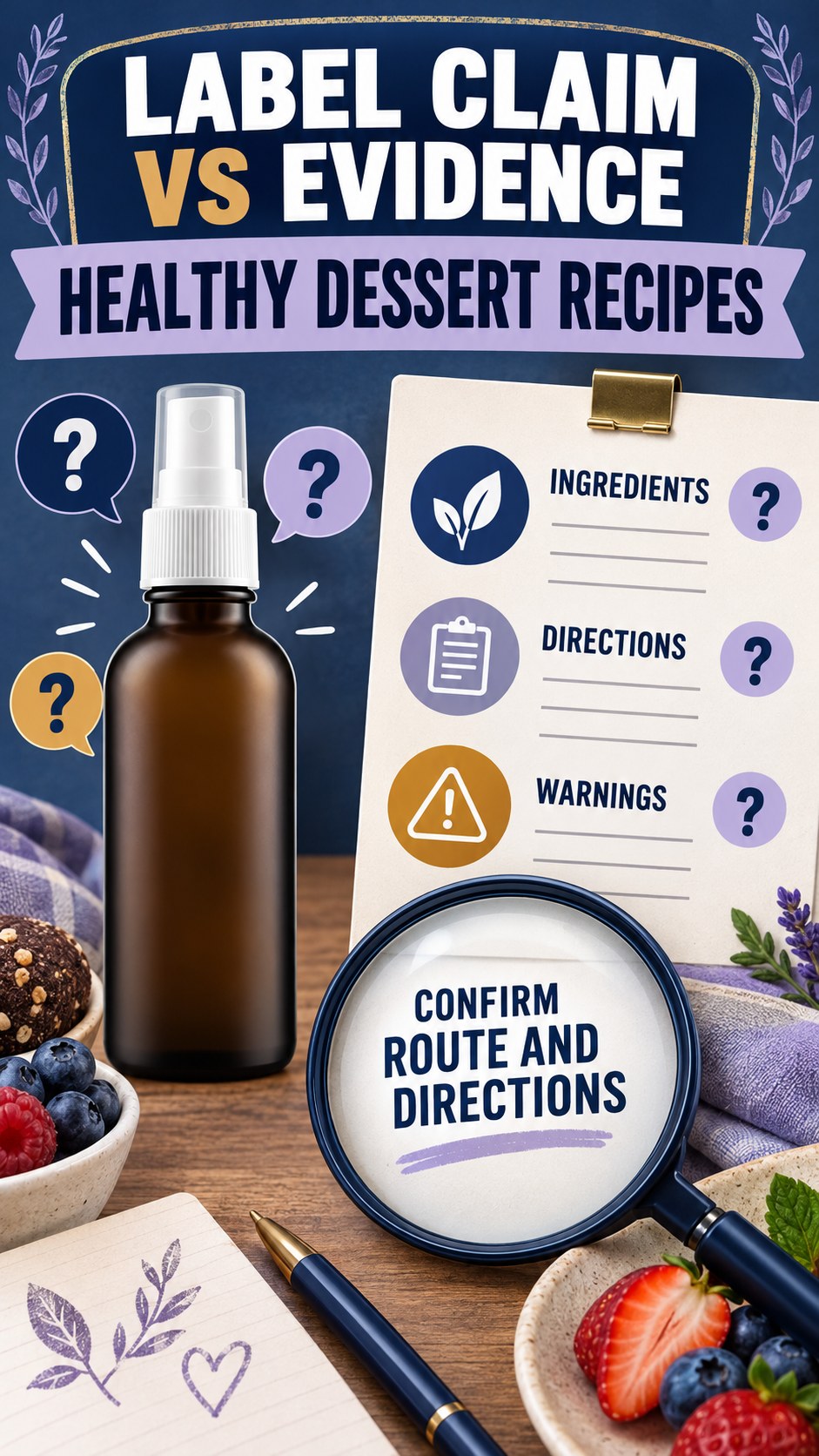 Directions and Route Review infographic for Healthy Dessert Recipes, showing a generic spray-label checklist that separates available facts, missing details, and evidence questions.