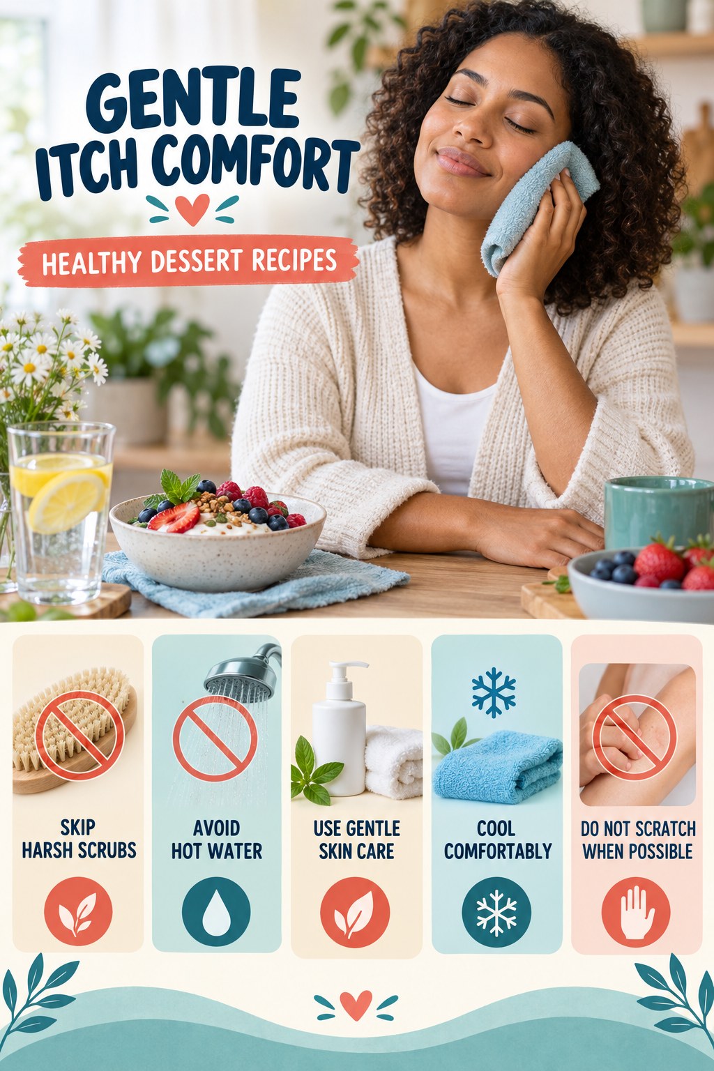 Do Less Irritating, More Soothing infographic for Healthy Dessert Recipes with five gentle itchy-skin comfort strategies and a non-diagnostic safety focus.