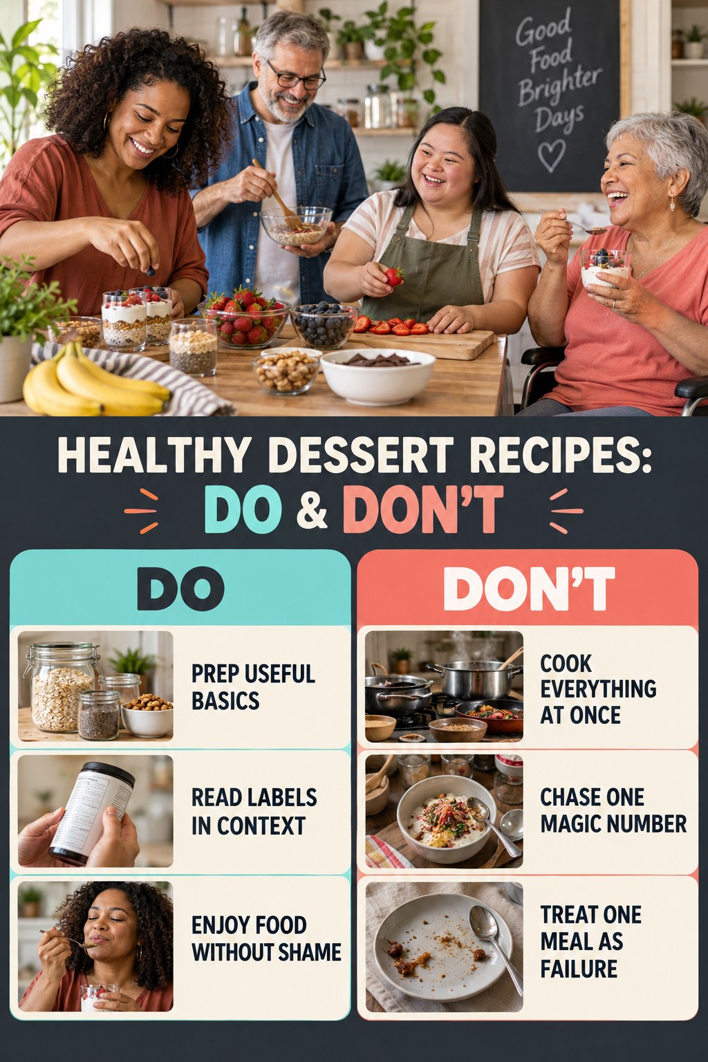Healthy Dessert Recipes Do and Don’t comparison graphic showing three practical behavior pairs for comfortable portions.