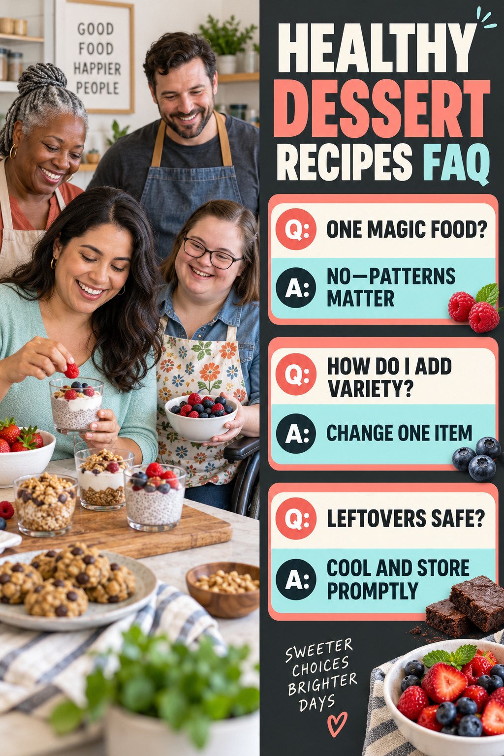 Healthy Dessert Recipes FAQ graphic with three concise questions and practical answers for beginners.
