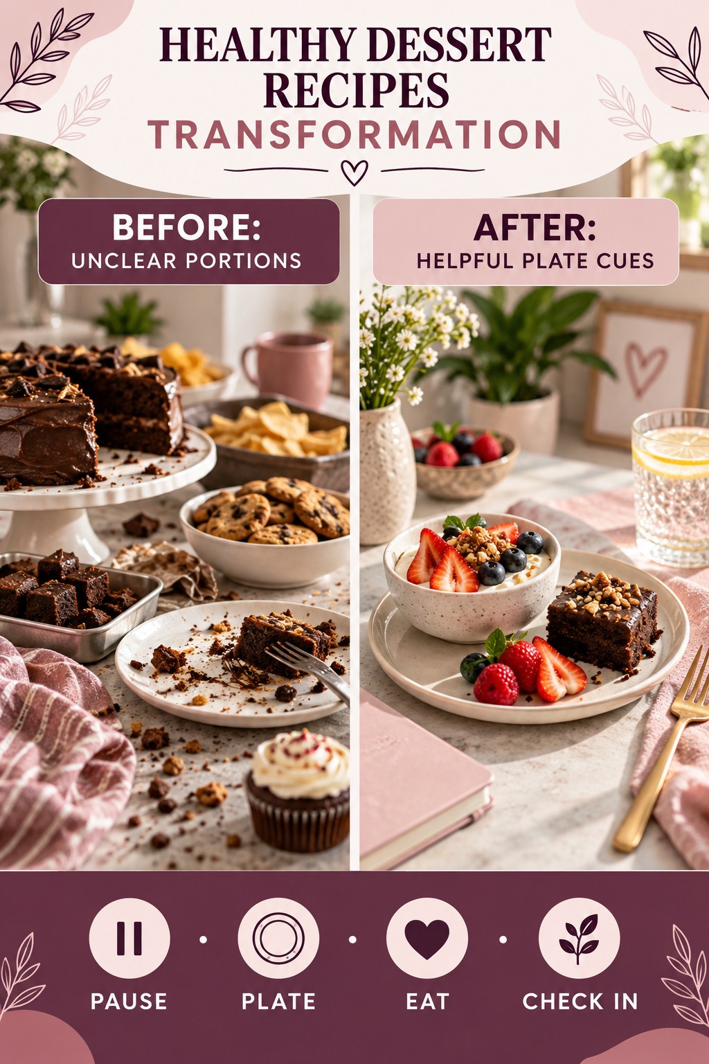Healthy Dessert Recipes habit transformation graphic comparing unclear portions with helpful plate cues using four practical steps.