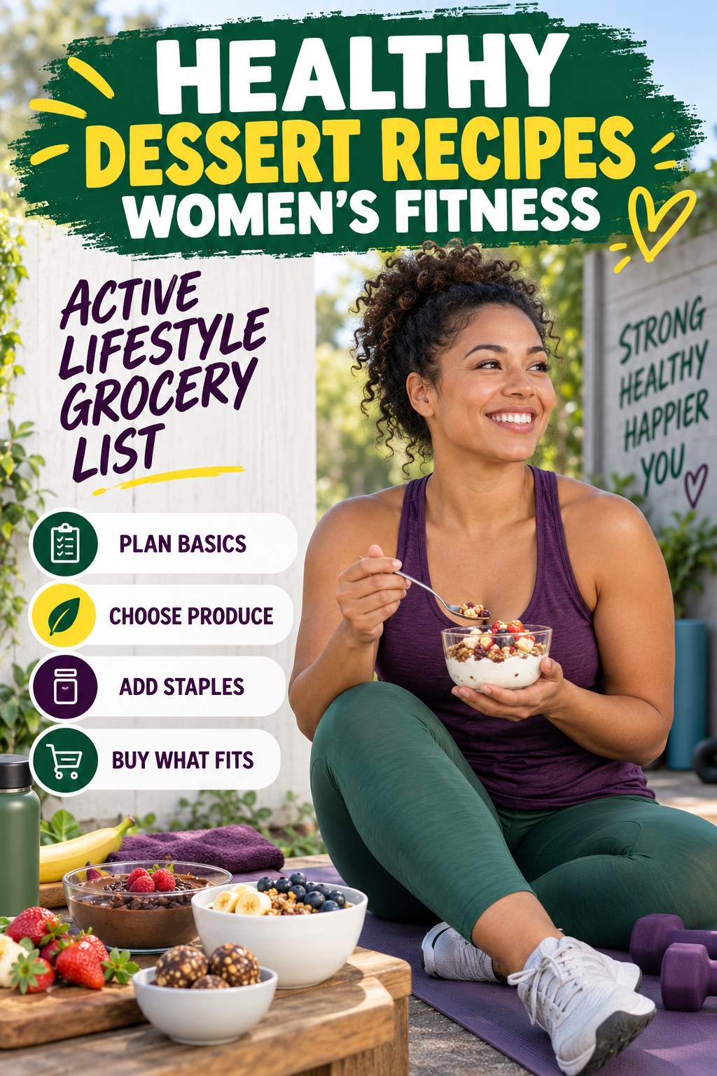 Healthy Dessert Recipes women’s fitness graphic titled Active Lifestyle Grocery List with four practical training prompts.