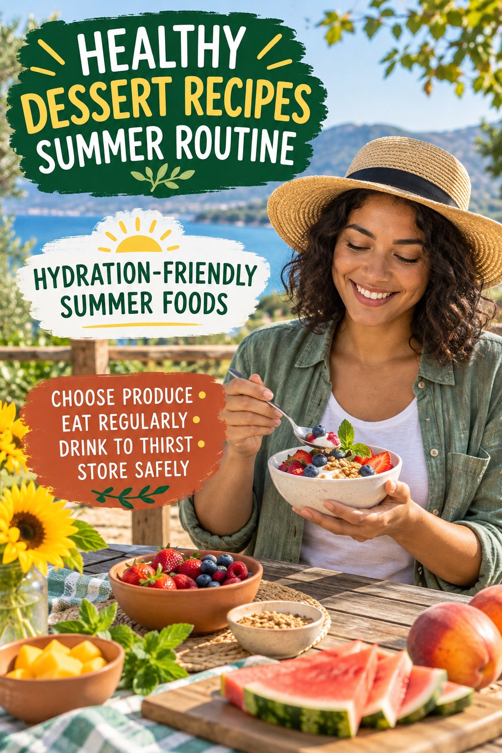 Healthy Dessert Recipes summer routine graphic titled Hydration-Friendly Summer Foods with four practical wellness prompts.
