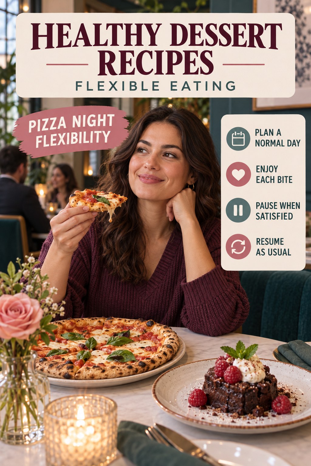 Healthy Dessert Recipes flexible eating graphic titled Pizza Night Flexibility with four practical balance prompts.