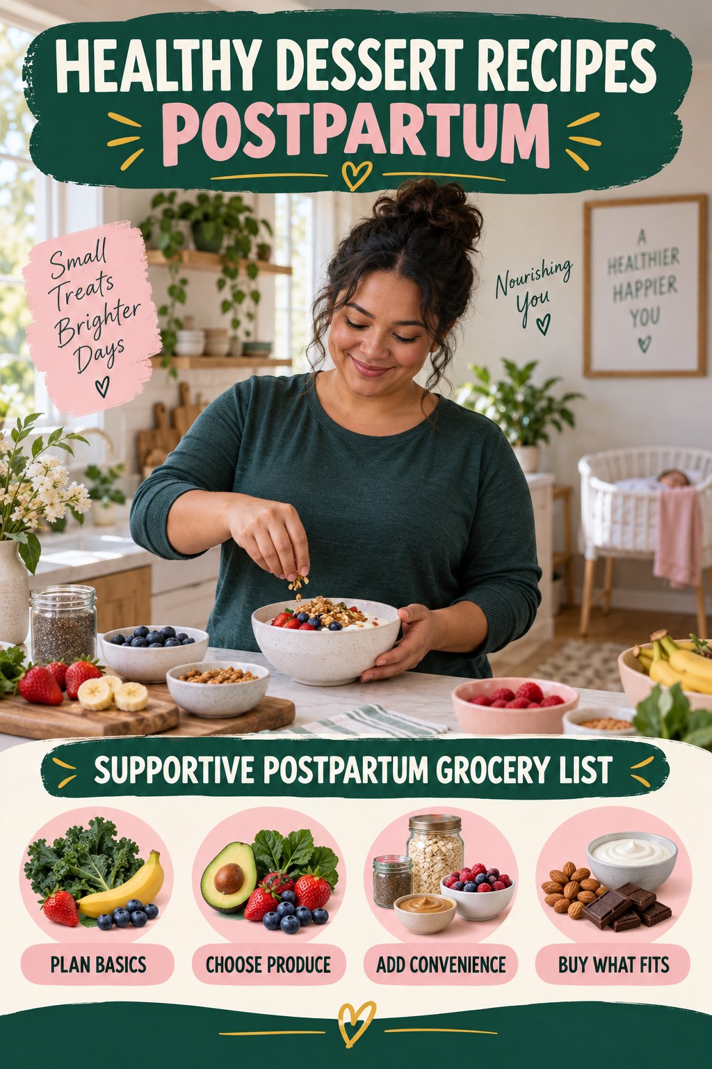 Healthy Dessert Recipes postpartum graphic titled Supportive Postpartum Grocery List with four gradual recovery-aware prompts.