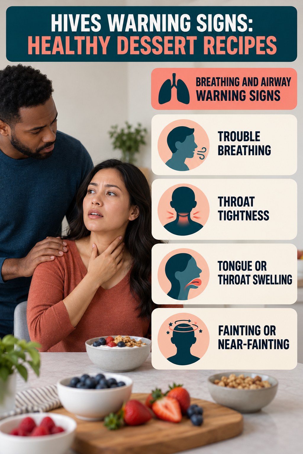 Breathing and Airway Warning Signs infographic for Healthy Dessert Recipes, highlighting urgent breathing, throat, swelling, fainting, and rapid-progression warning signs without diagnosing hives.