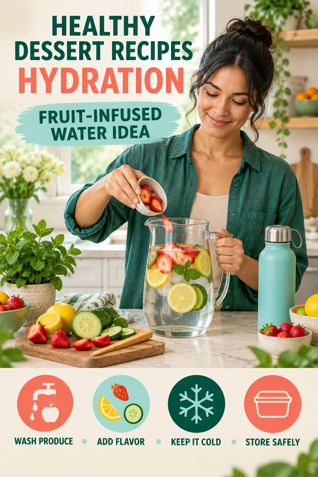 Healthy Dessert Recipes hydration graphic titled Fruit-Infused Water Idea with four flexible water-habit prompts and no fixed intake target.