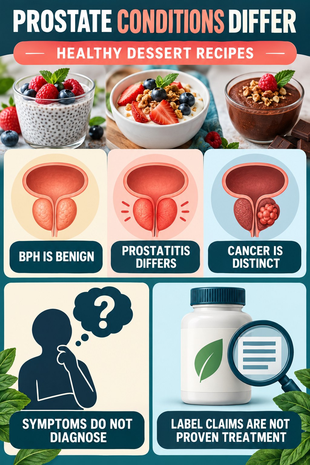 Keep BPH, Prostatitis, and Cancer Distinct prostate supplement label-literacy infographic for Healthy Dessert Recipes with four careful reading points.