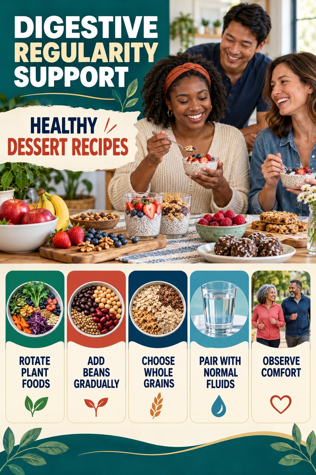 Meal Prep for Fiber Variety infographic for Healthy Dessert Recipes with five practical food, hydration, movement, or routine actions and no cleanse claims.