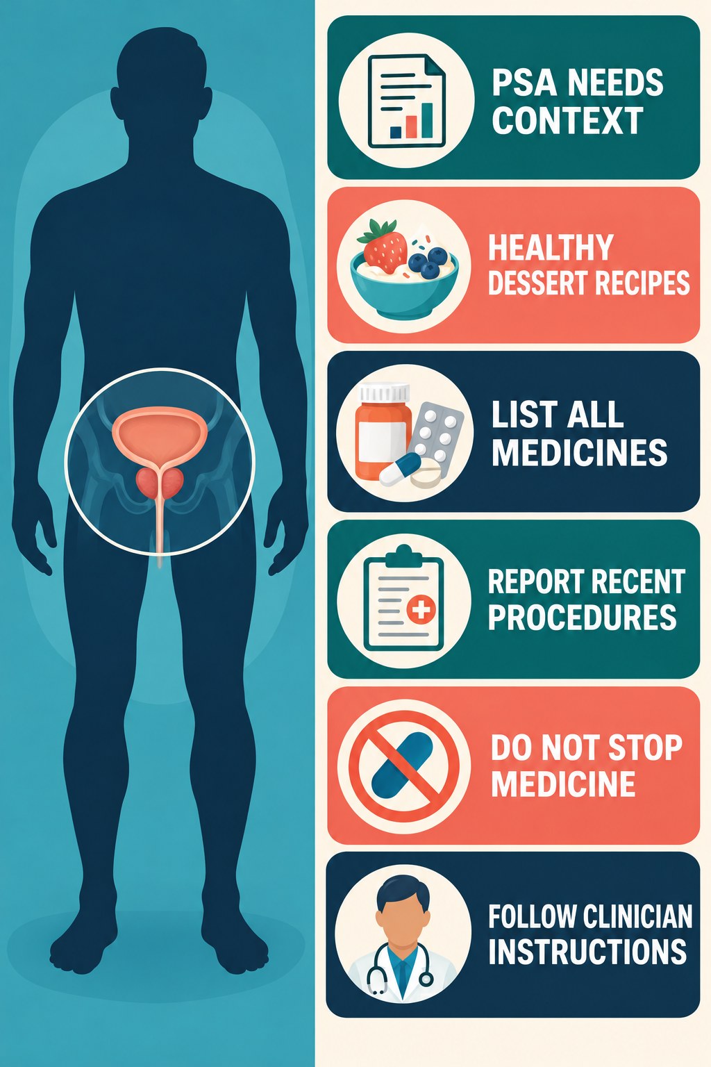 Medication History Matters for PSA Context infographic for Healthy Dessert Recipes with four concise prostate-health awareness points.