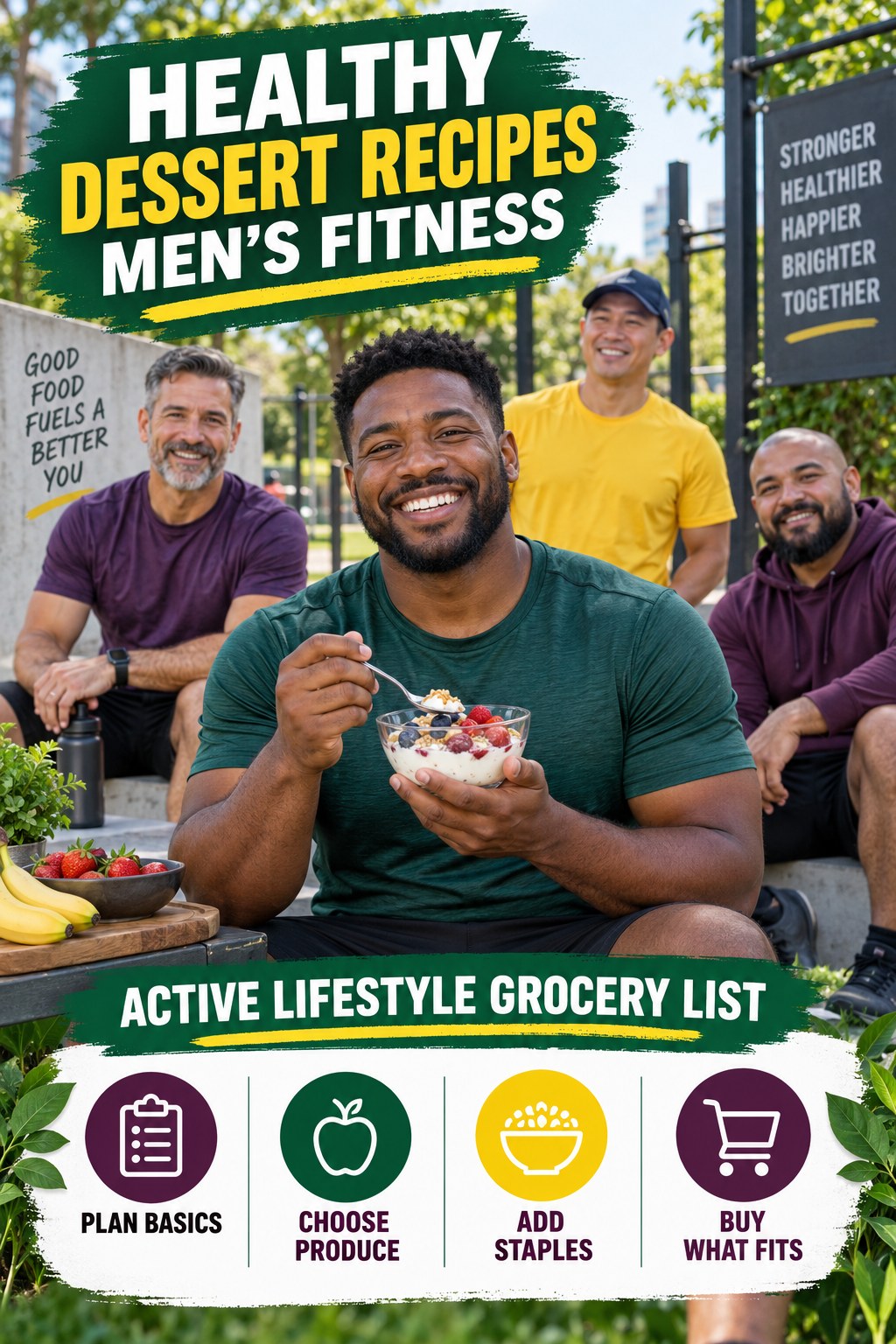 Healthy Dessert Recipes men’s fitness graphic titled Active Lifestyle Grocery List with four practical training prompts.