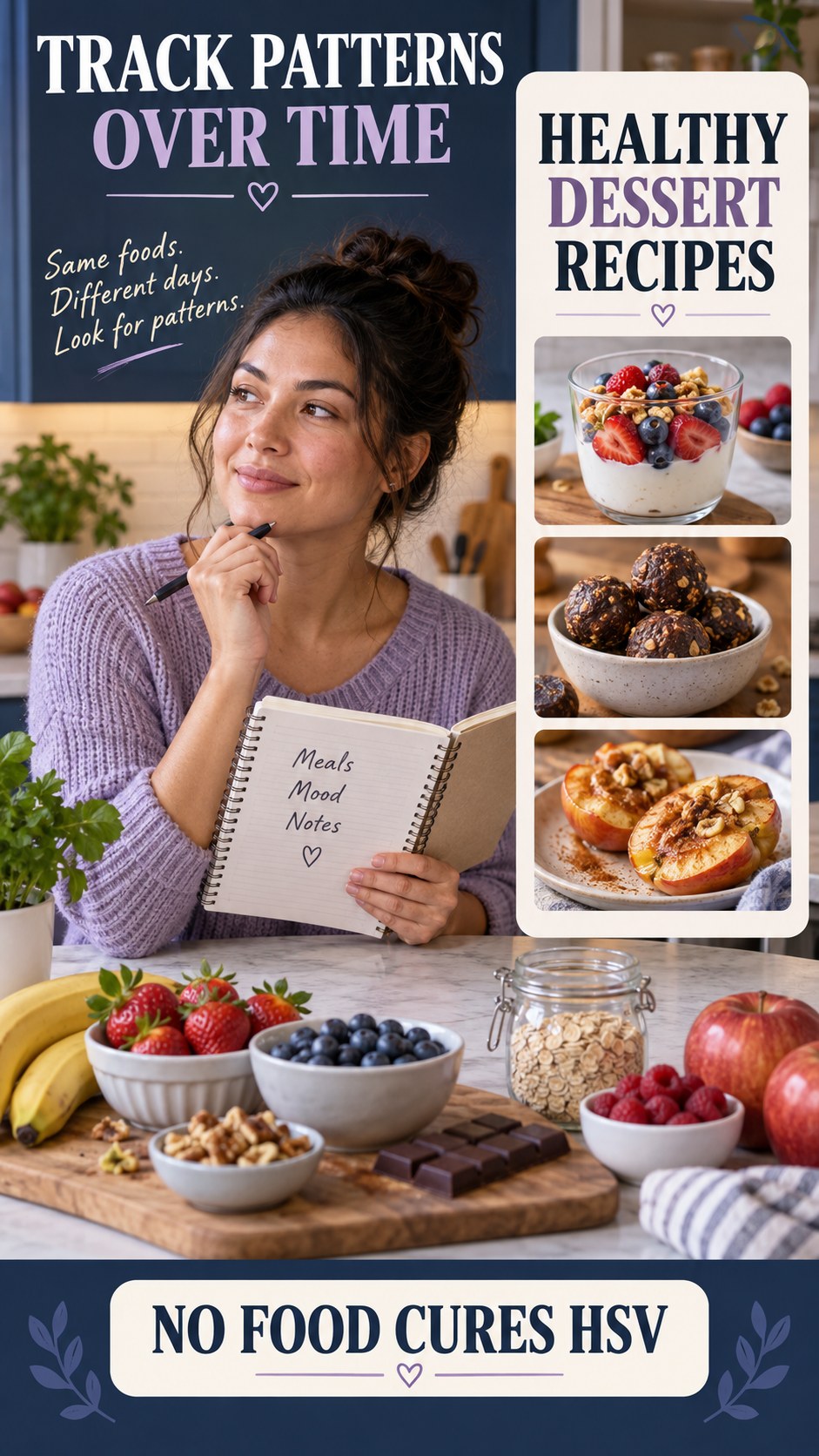 No Miracle Food Claims infographic for Healthy Dessert Recipes, explaining that possible cold-sore triggers vary by person.