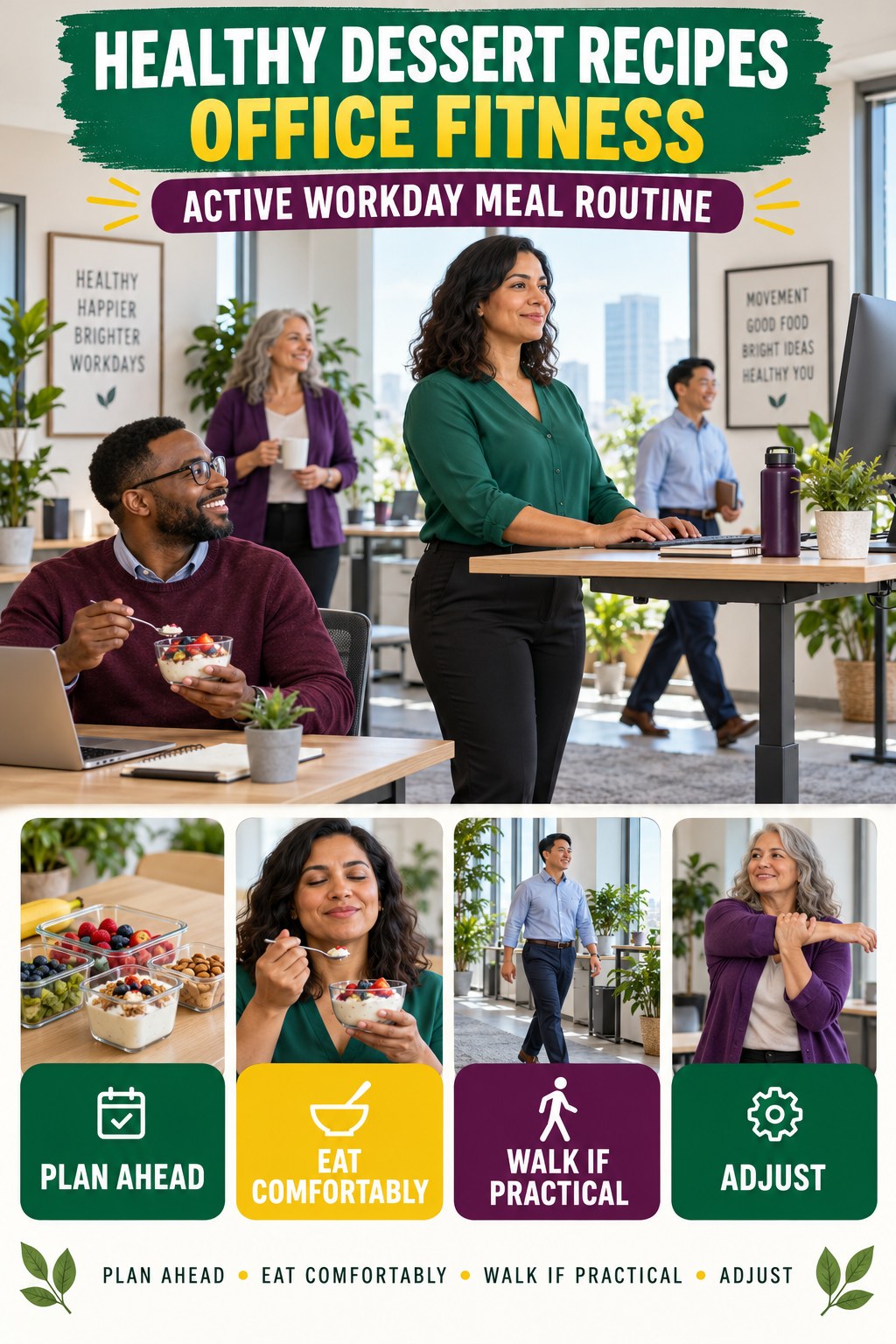 Healthy Dessert Recipes office-fitness graphic titled Active Workday Meal Routine with four practical workday movement prompts.