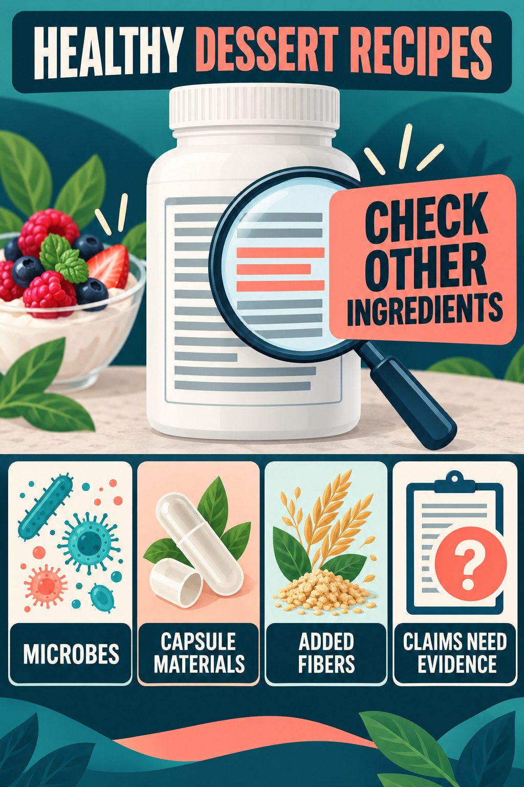 Other Ingredients Deserve Their Own Check infographic for Healthy Dessert Recipes with four concise probiotic-label reading points.